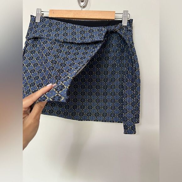 Free People All the Shine Mini Belted Blue Jacquard Wrap Overlay Skirt - Picture 4 of 8